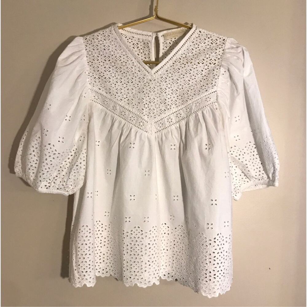 Ulla Johnson Aviana Eylet Puff Sleeve Cotton Blouse S White